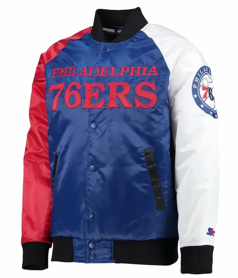 Philadelphia 76ers Full-Varsity Multicolor Satin Men's Bomber Jacket