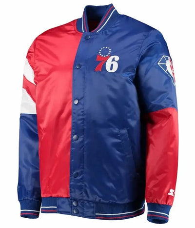 Philadelphia 76ers Full-Varsity Red and Royal Blue Satin Men's Bomber Jacket