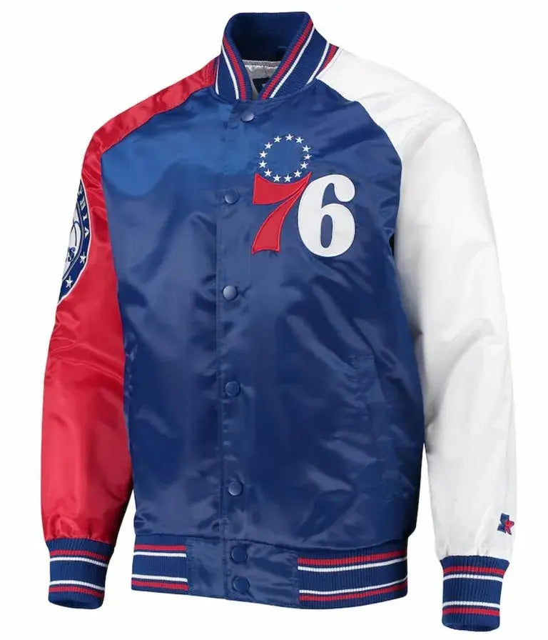 Philadelphia 76ers Full-Varsity Tri Color Satin Men's Bomber Jacket