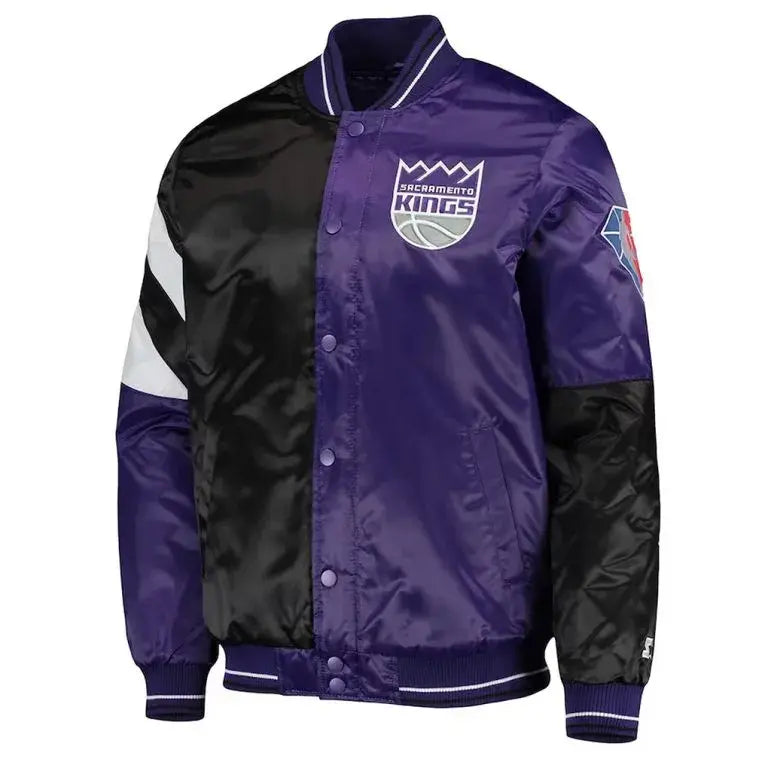 Sacramento Kings 75th Anniversary Leader Full-Snap Varsity Purple and Black Satin Men's Bomber Jacket