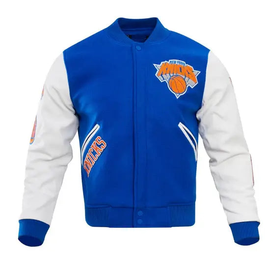 New York Knicks Varsity Royal Blue Wool & White Genuine Leather Sleeves Men's Letterman Jacket