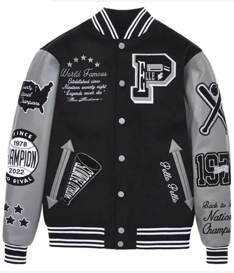 Pelle Pelle World Famous Varsity Full-Snap black Wool & Gray Genuine Leather Sleeves Men's Jacket