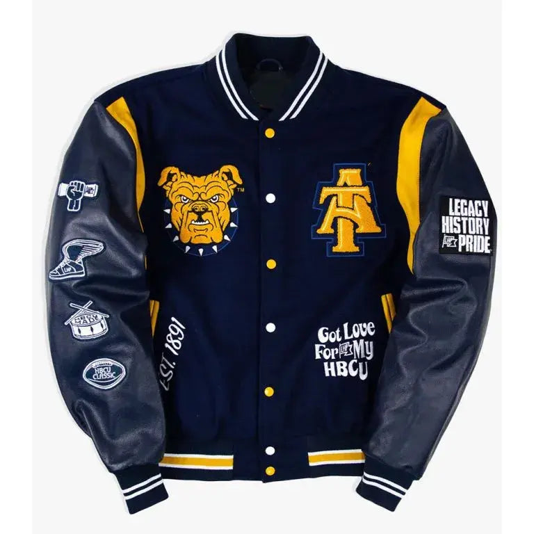HBCU North Carolina A&T Aggie Pride Navy Blue Wool & Genuine Leather Sleeves Men's Letterman Varsity Jacket