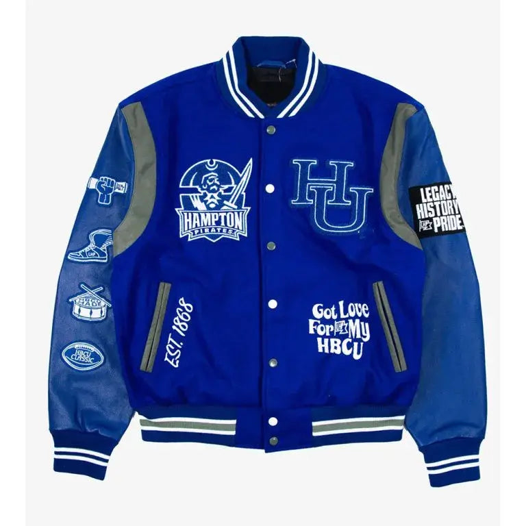 Hampton University Motto 3.0 Royal Blue Wool & Genuine Leather Sleeves Men's Letterman Varsity Jacket