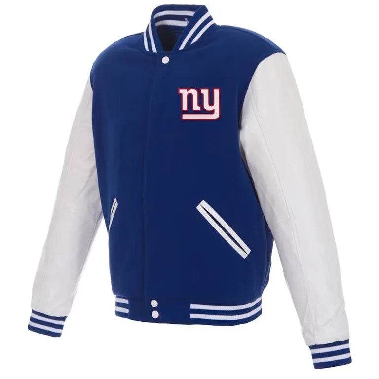 New York Giants Royal Blue Wool & White Genuine Leather Sleeves Men's Varsity Letterman Jacket