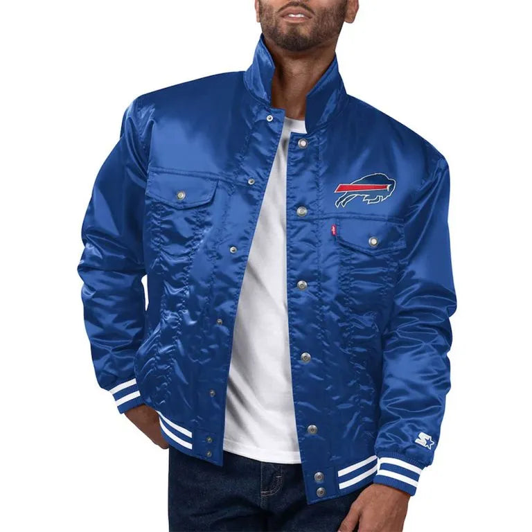 Buffalo Bills Silver Tab Trucker Full-Snap Royal Blue Satin Men's Jacket