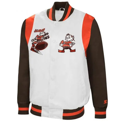 Cleveland Browns The All-American Retro Full-Snap Varsity White/Brown Satin Men's Bomber Jacket