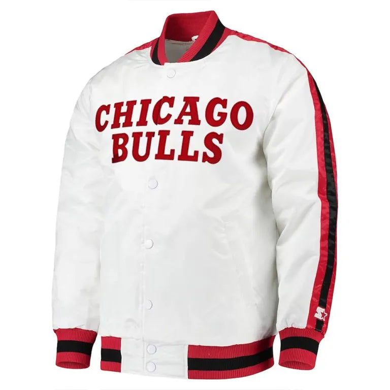Chicago Bulls The D-Line Full-Snap Varsity White Satin Men's Bomber Jacket