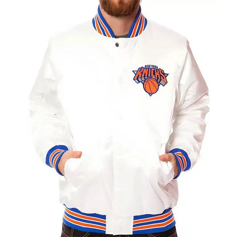 New York Knick Full-Snap Varsity White Satin Men's Bomber Jacket