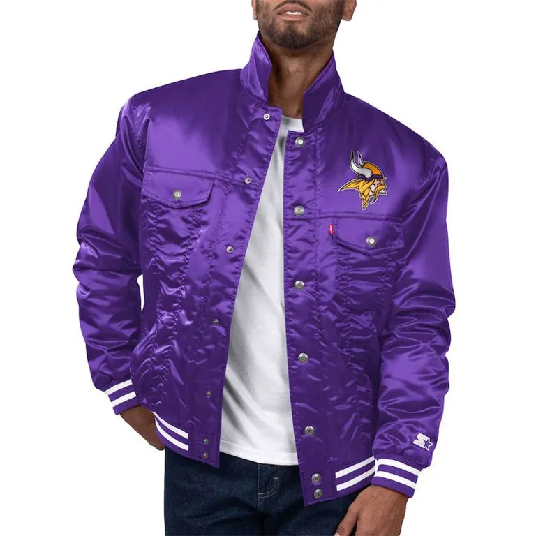 Minnesota Vikings Silver Tab Trucker Full-Snap Varsity Purple Satin Men's Bomber Jacket
