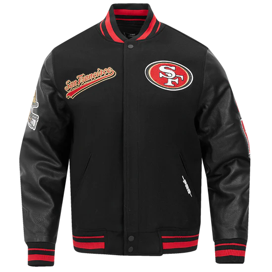 San Francisco 49ers Script Tail Classic Rib Black Wool & Genuine Leather Sleeves Men's Varsity Letterman Jacket