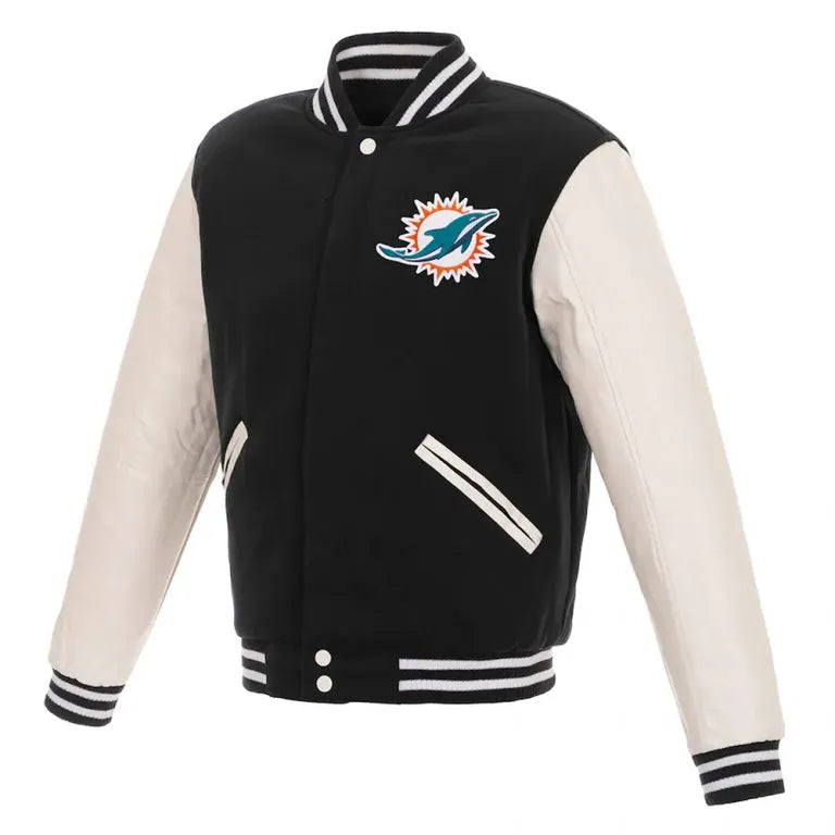 Miami Dolphins Black Wool and White Genuine Leather Sleeves Men's Varsity Letterman Jacket