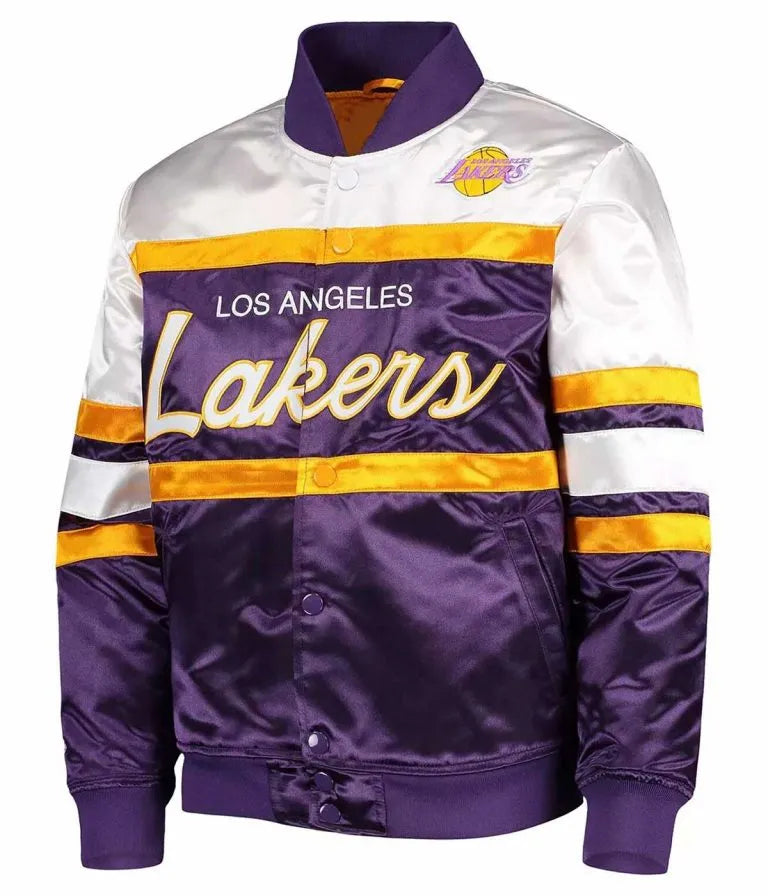 Los Angeles Lakers Hardwood Classics Full-Snap Varsity Purple/White Satin Men's Bomber Jacket
