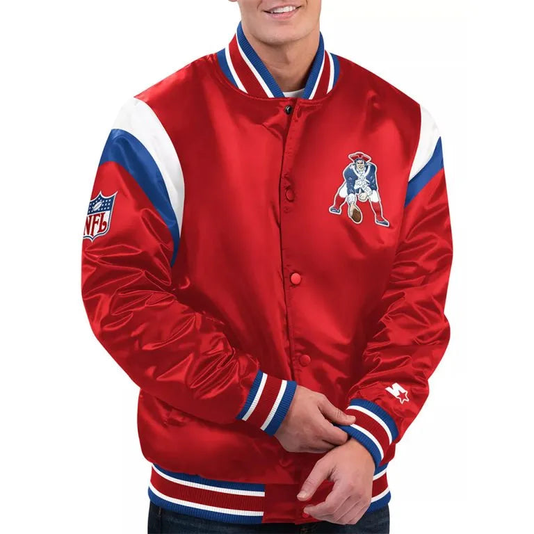 New England Patriots Shutout Throwback Full-Snap Varsity Red Satin Men's Bomber Jacket