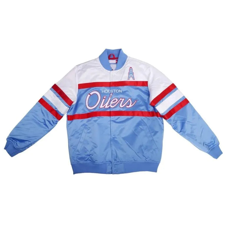 Houston Oilers Full-Snap Varsity White and Light-Blue Satin Men's Bomber Jacket