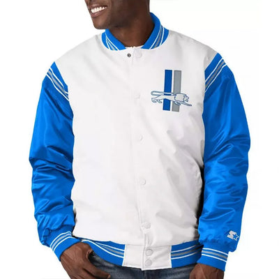 Detroit Lions Historic Logo Renegade Full-Snap Varsity Blue and White Satin Men's Bomber Jacket