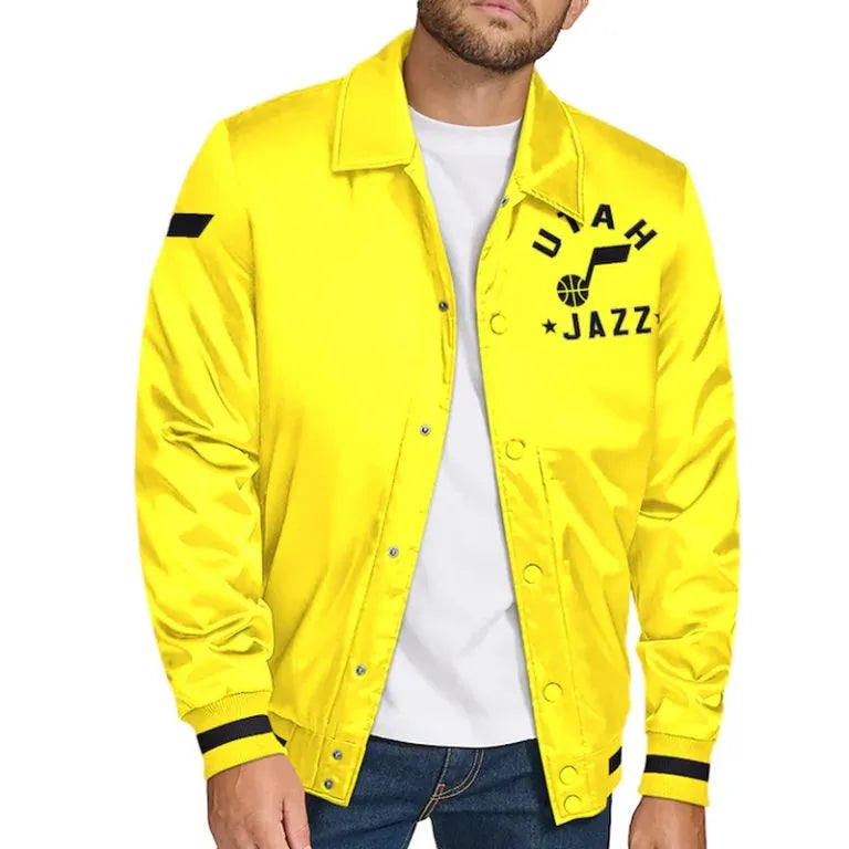 Utah Jazz Stitch Applique Full-Snap Varsity Gold Satin Men's Bomber Jacket