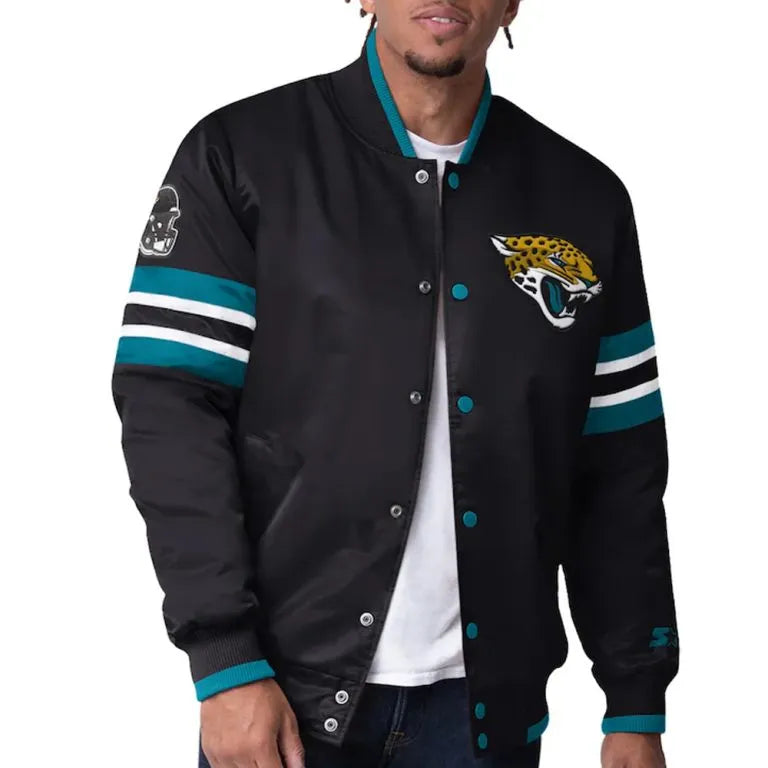 Jacksonville Jaguars Scout I Full-Snap Varsity Black Satin Men's Bomber Jacket