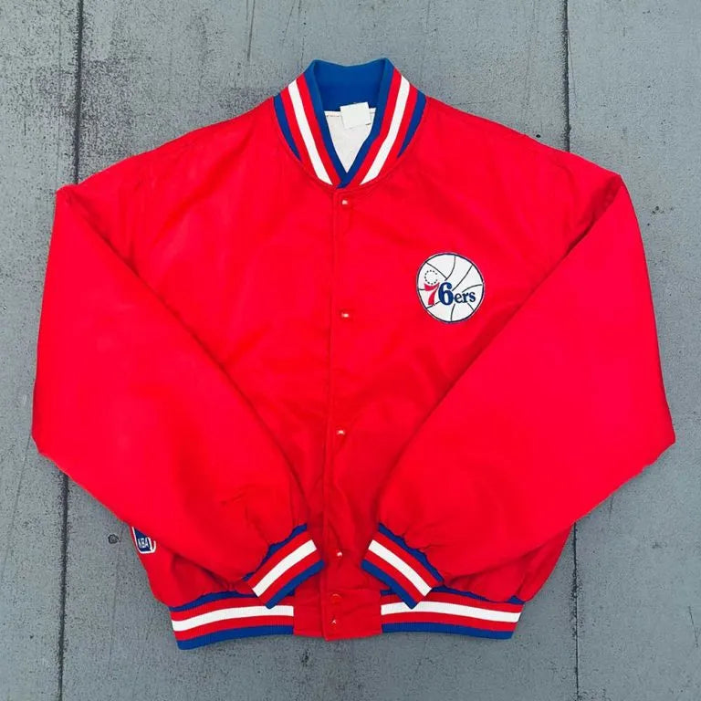 1980’s Philadelphia 76ers Full-Snap Varsity Red Satin Men's Bomber Jacket