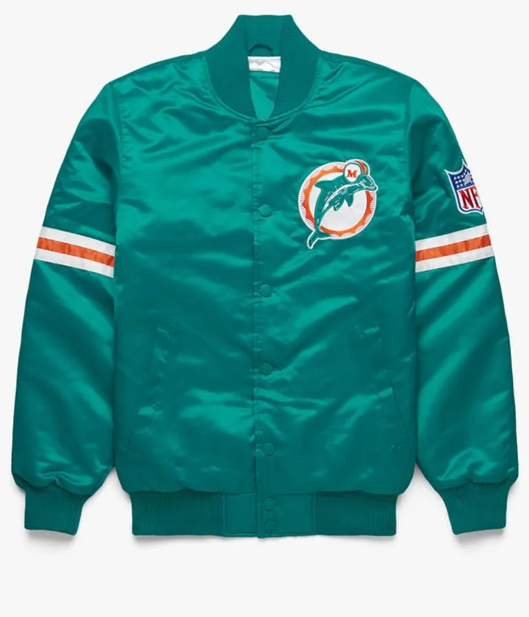 Miami Dolphins Full-Snap Varsity Teal Green Satin Men's Bomber Jacket