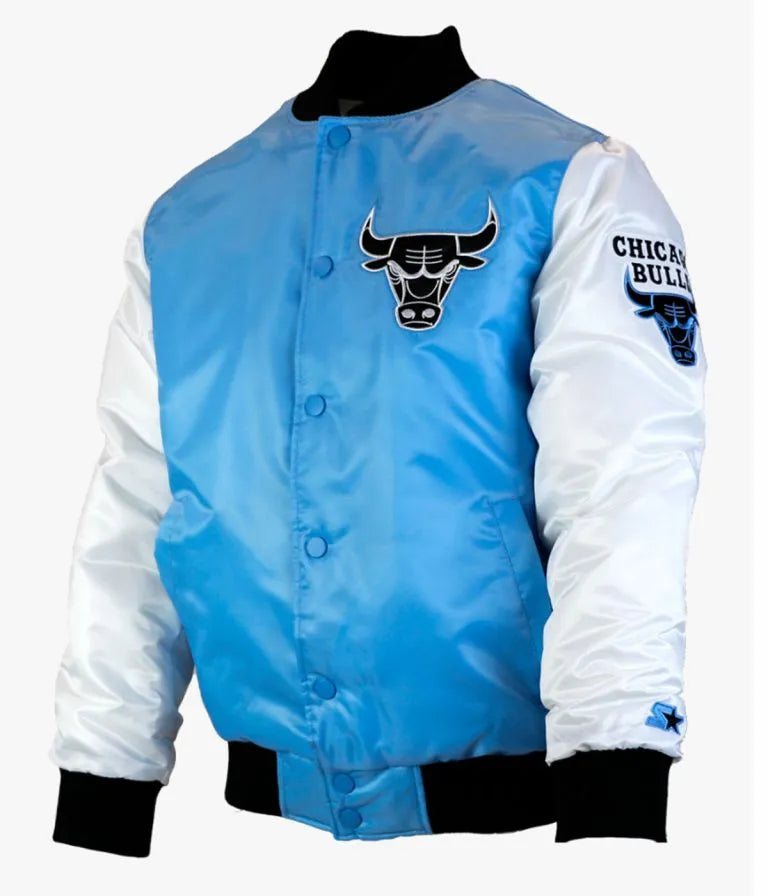 Chicago Bulls Full-Snap Varsity Blue and White Satin Men's Bomber Jacket