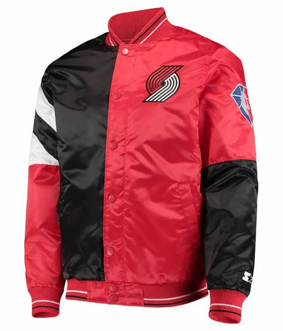 Portland Trail Blazers 75th Anniversary Full-Snap Varsity Black and Red Satin Men's Bomber Jacket