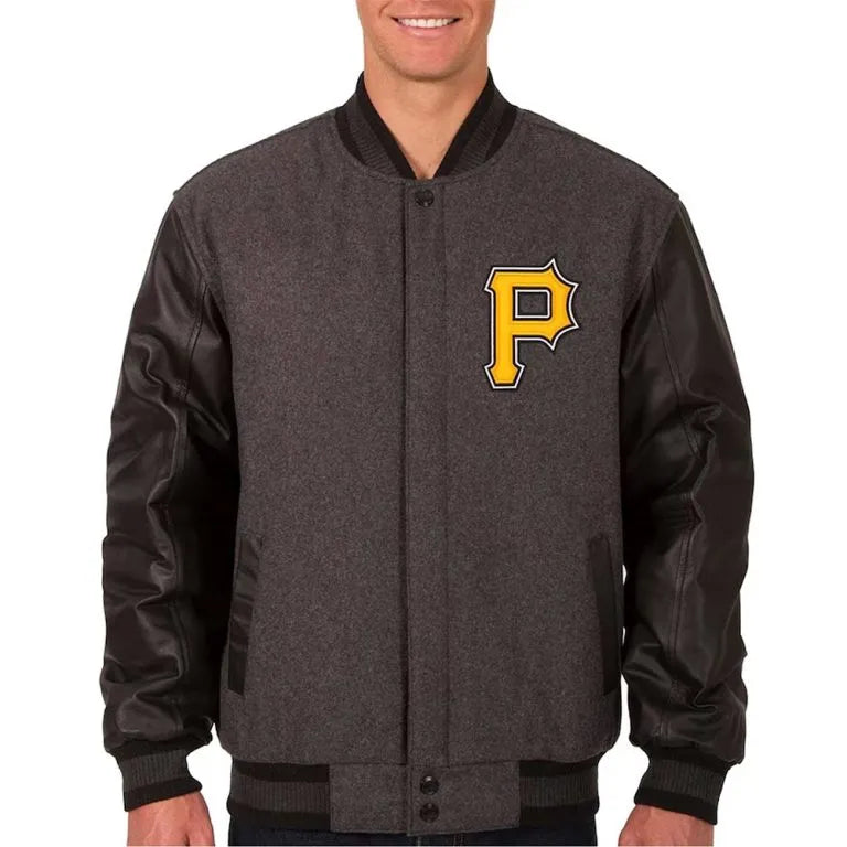 Pittsburgh Pirates Full-Snap Varsity Charcoal Wool & Black Leather Men's Jacket