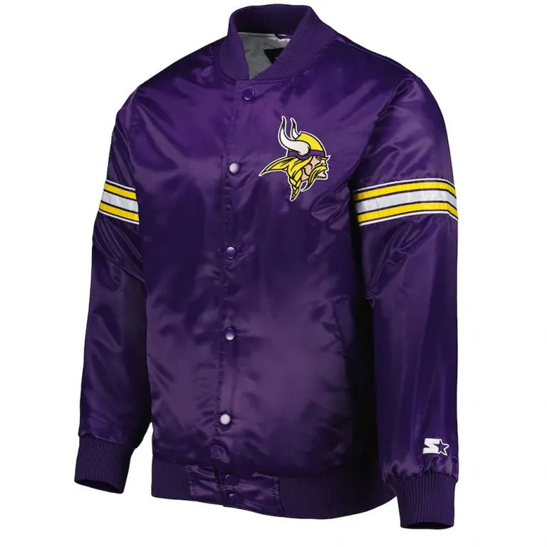 Minnesota Vikings The Pick and Roll Full-Snap Varsity Purple Satin Men's Bomber Jacket