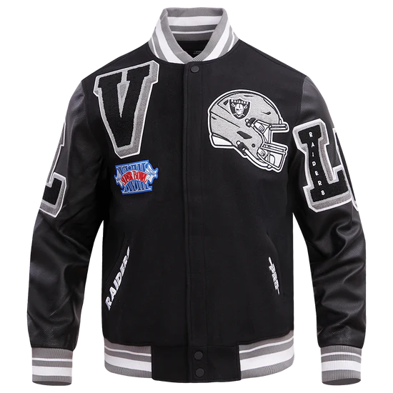Los Vegas Raiders Mashup Black Wool and Genuine Leather Sleeves Men's Varsity Letterman Jacket