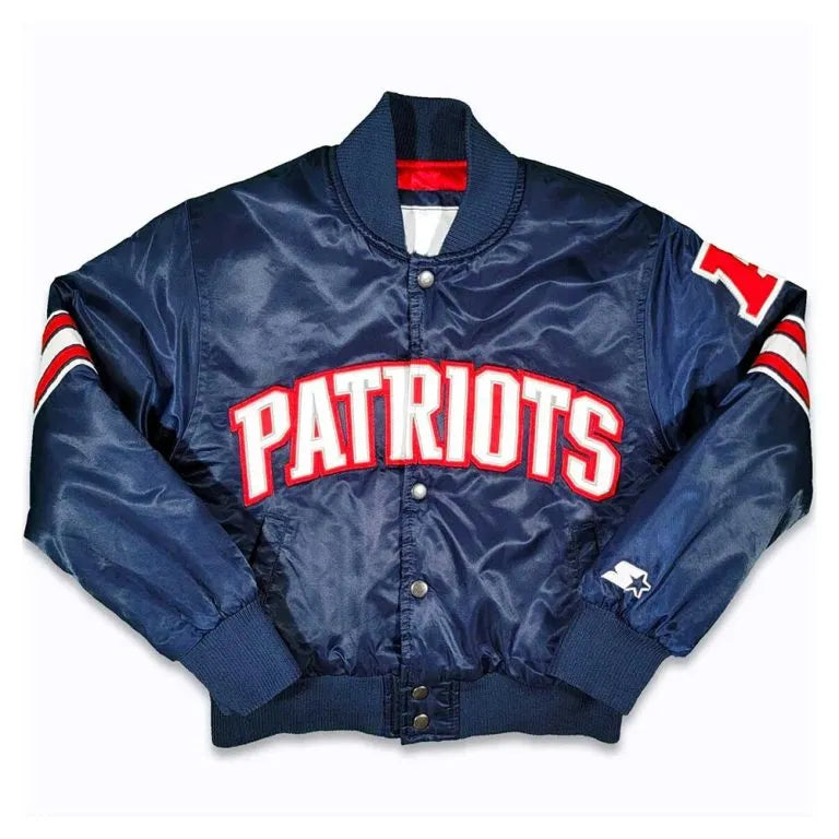 90’s New England Patriots Full-Snap Varsity Navy Blue Satin Men's Bomber Jacket