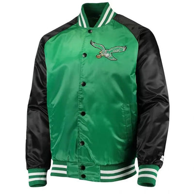 Philadelphia Eagles Lead Off Full-Snap Varsity Green and Black Satin Men's Bomber Jacket