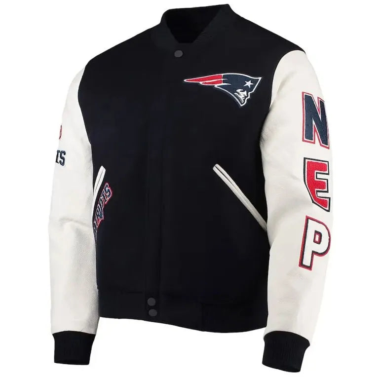 New England Patriots Logo Black Wool and White Genuine Leather Sleeves Men's Varsity Letterman Jacket