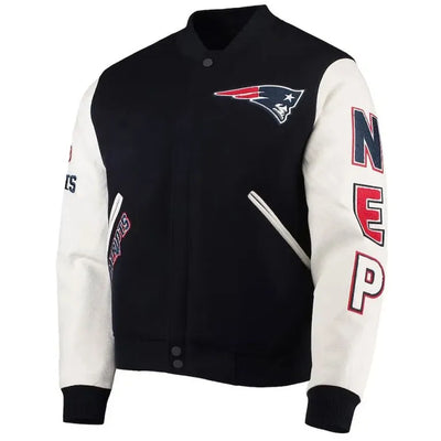 New England Patriots Logo Black Wool and White Genuine Leather Sleeves Men's Varsity Letterman Jacket