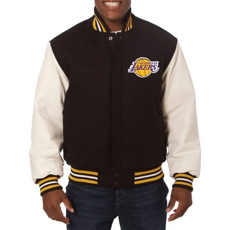 Los Angeles Lakers Domestic Varsity Black Wool & White Genuine Leather Sleeves Men's Bomber Jacket