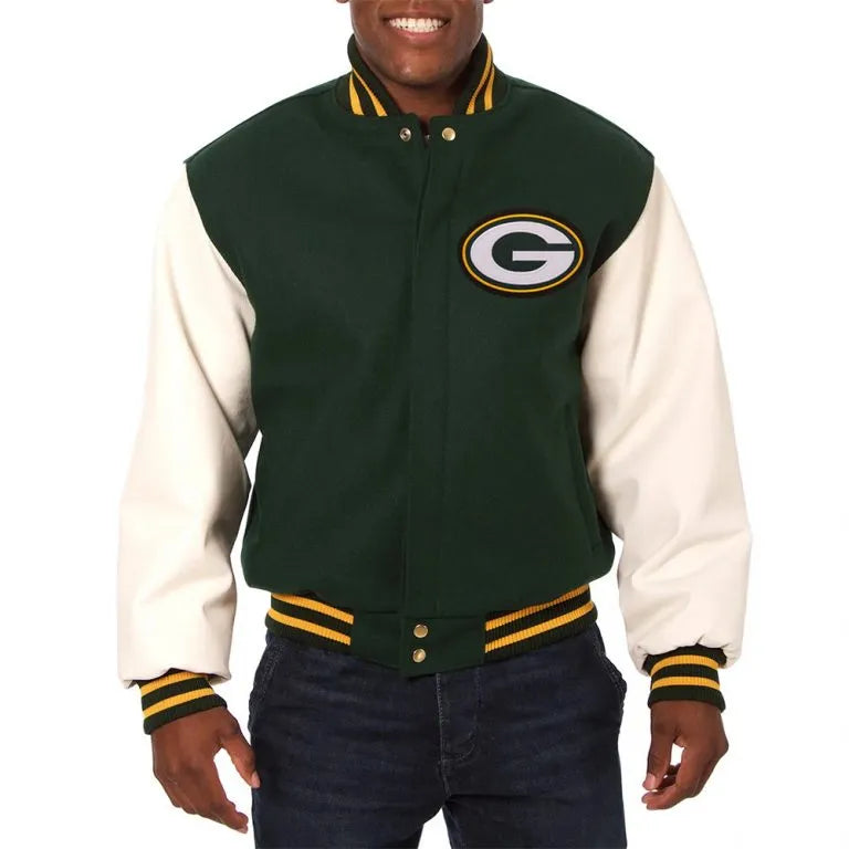 Green Bay Packers Green Wool and White Genuine Leather Sleeves Men's Varsity Letterman Jacket