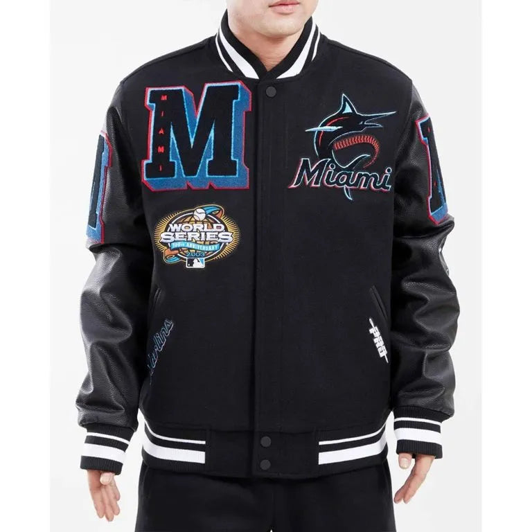 Miami Marlins Mash Up Full-Zip Black Wool/Leather Varsity Men's Jacket