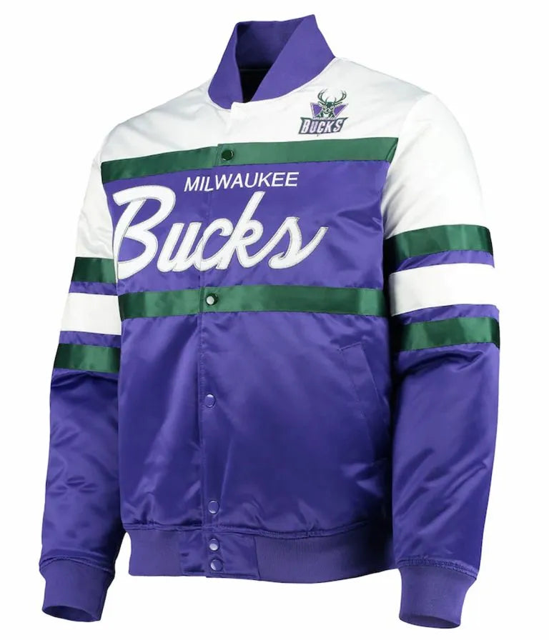 Milwaukee Bucks Hardwood Classics Script Full-Snap Varsity White and Purple Satin Men's Bomber Jacket