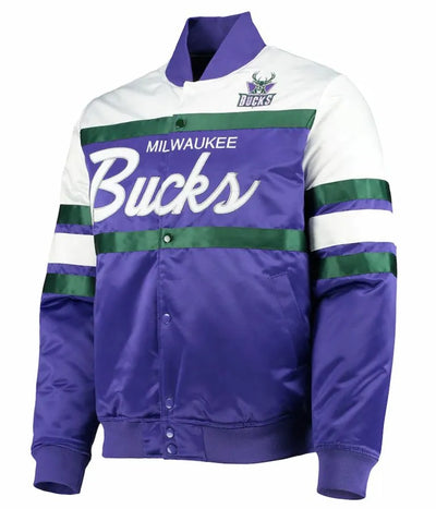 Milwaukee Bucks Hardwood Classics Script Full-Snap Varsity White and Purple Satin Men's Bomber Jacket