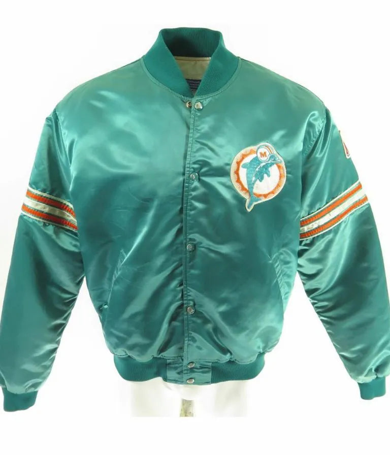 80s Miami Dolphins Vintage Full-Snap Varsity Green Satin Men's Bomber Jacket