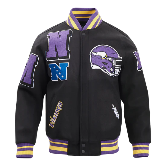 Minnesota Vikings Mashup Classic Rib Black Wool and Genuine Leather Sleeves Men's Varsity Letterman Jacket