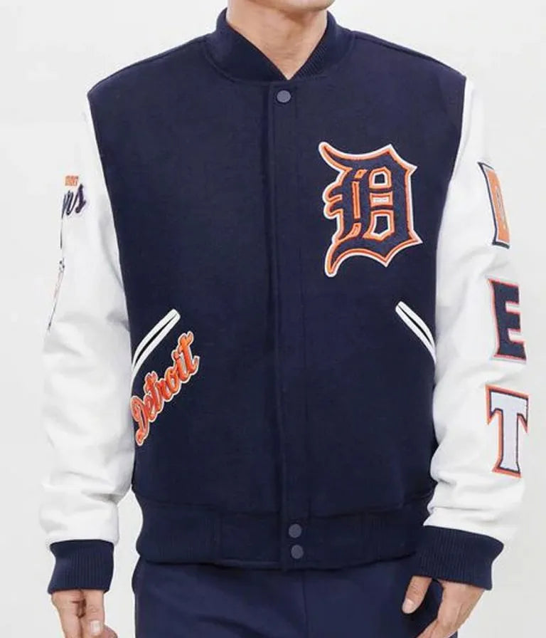 Detroit Tigers Blue Wool & White Leather Sleeves Varsity Men's Jacket