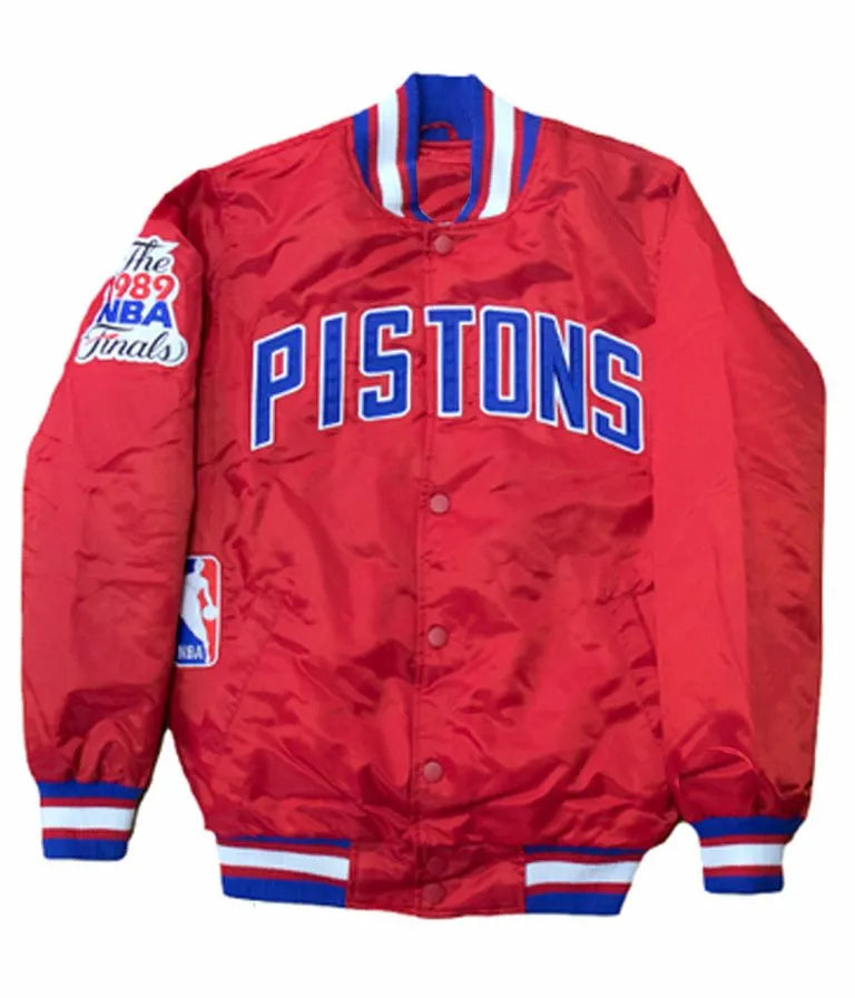 Detroit Pistons The 1989 NBA Finals Full-Snap Varsity Red Satin Men's Bomber Jacket