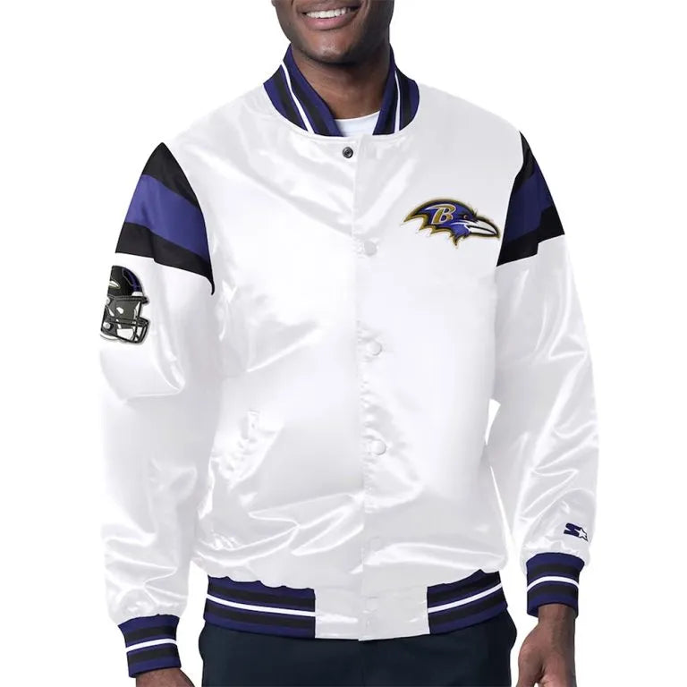 Baltimore Ravens Midweight Full-Snap Varsity White Satin Men's Bomber Jacket