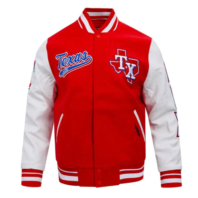 Texas Rangers Script Tail Red Wool & White Leather Sleeves Varsity Men's Jacket