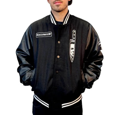 Michael Myers Halloween Black Wool & Genuine Leather Sleeves Men's Letterman Varsity Jacket