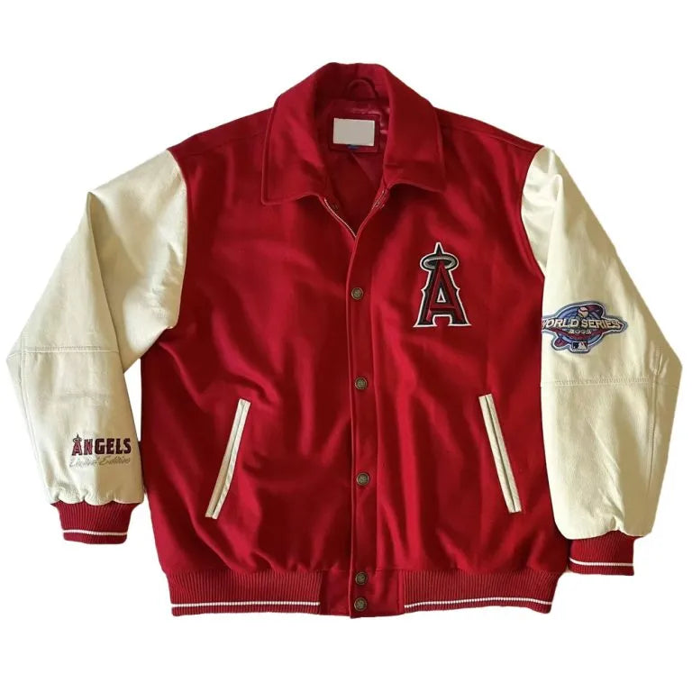 LA Angels World Series Champion 2002 Red and Off White Wool/Leather Varsity Men's Jacket