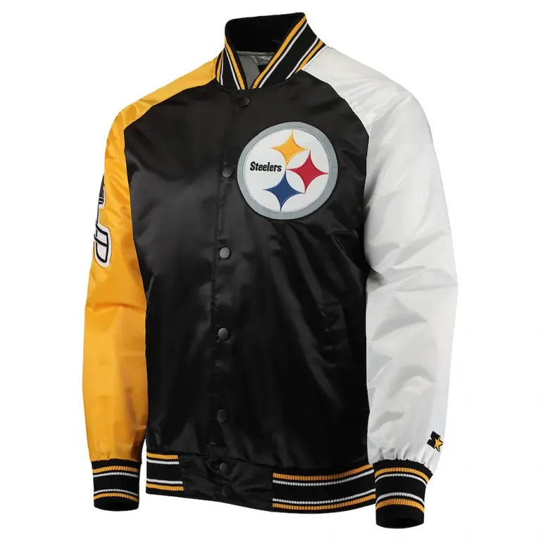 Pittsburgh Steelers The Reliever Full-Snap Varsity Tri Color Satin Men's Bomber Jacket