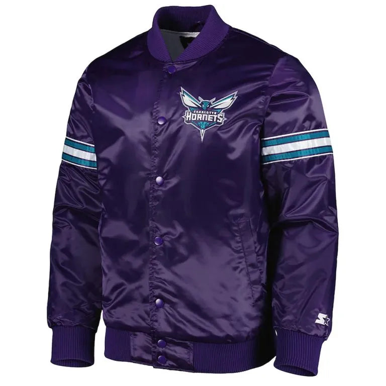 Charlotte Hornets Pick & Roll Full-Snap Varsity Purple Satin Men's Bomber Jacket