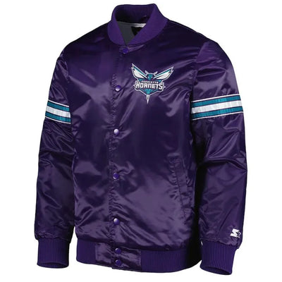 Charlotte Hornets Pick & Roll Full-Snap Varsity Purple Satin Men's Bomber Jacket