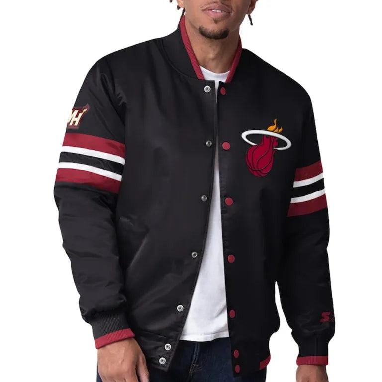 Miami Heat Scout I Full-Snap Varsity Black Satin Men's Bomber Jacket